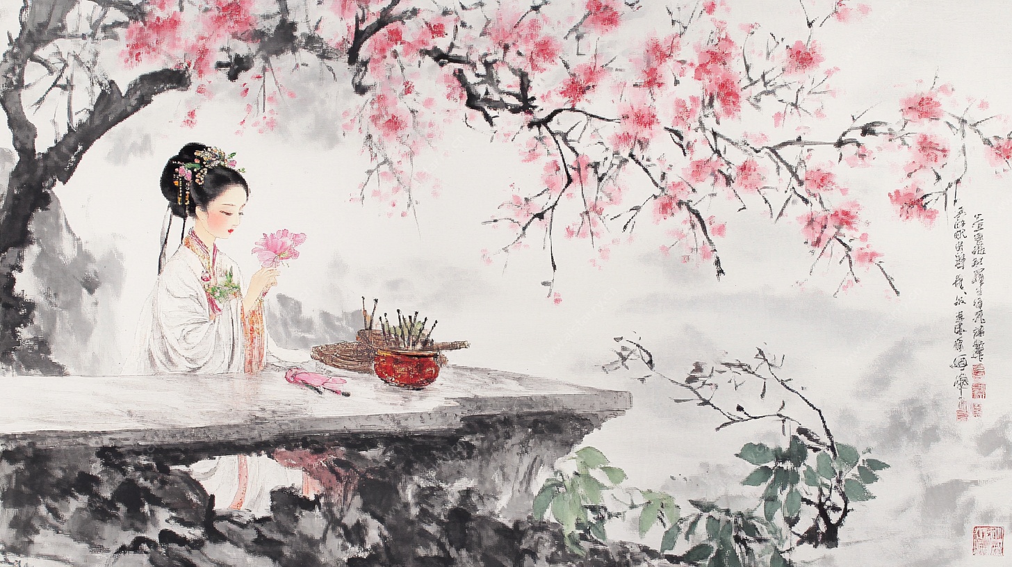 桃花下的古典美人