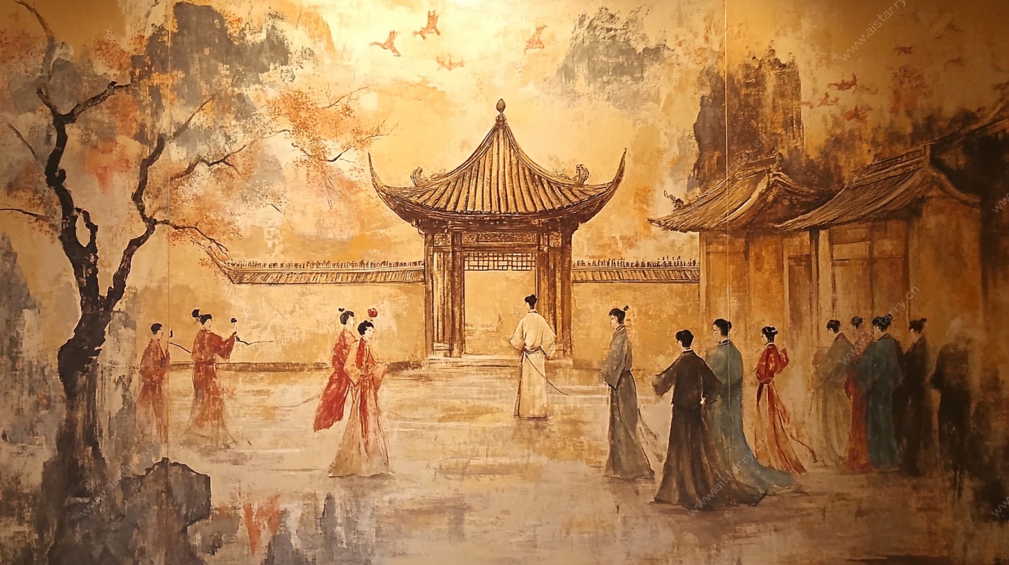 古风庭院人物场景壁画
