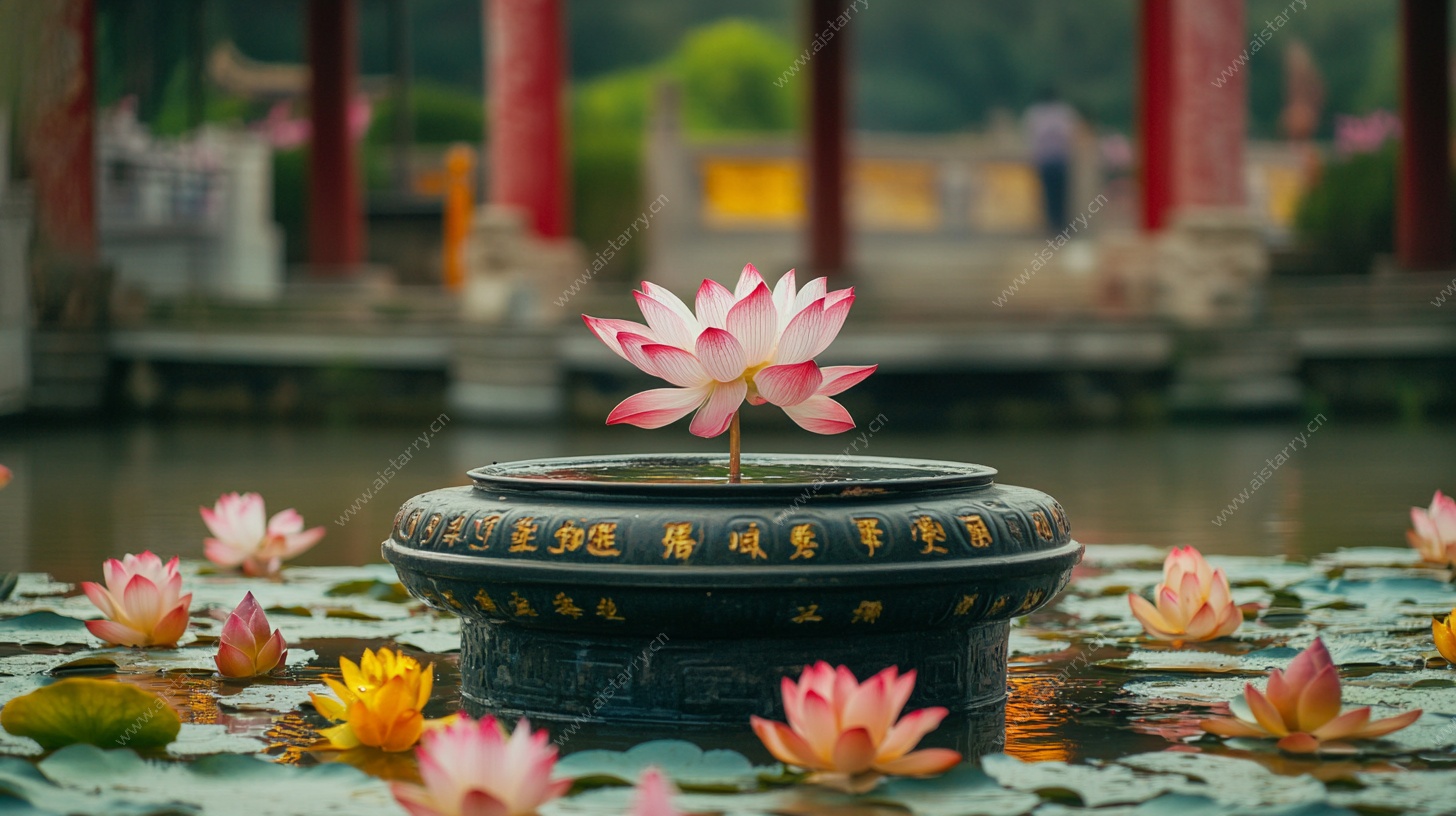 中式池塘莲花盆栽景观