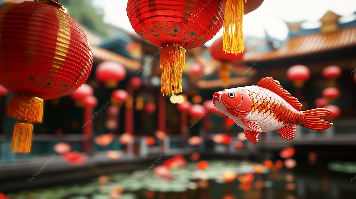 红灯笼下的吉祥锦鲤