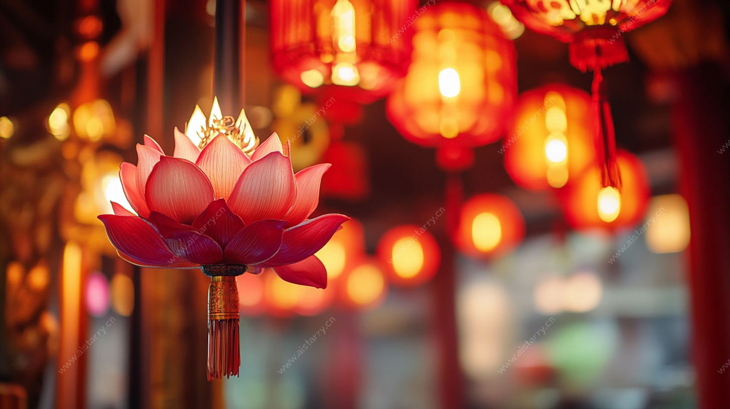 中式莲花花灯喜庆氛围浓