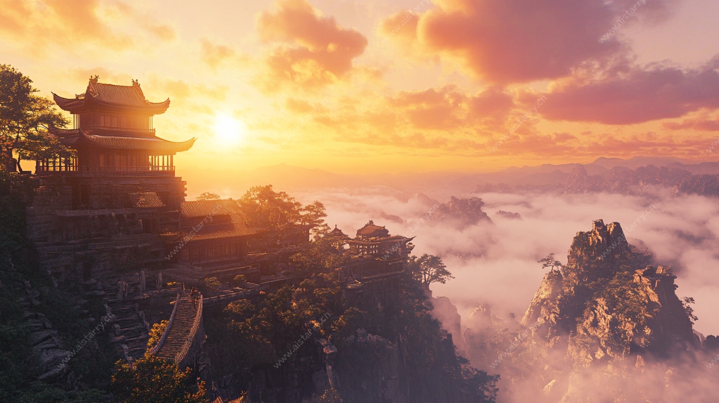 日出云海中的中式古建筑