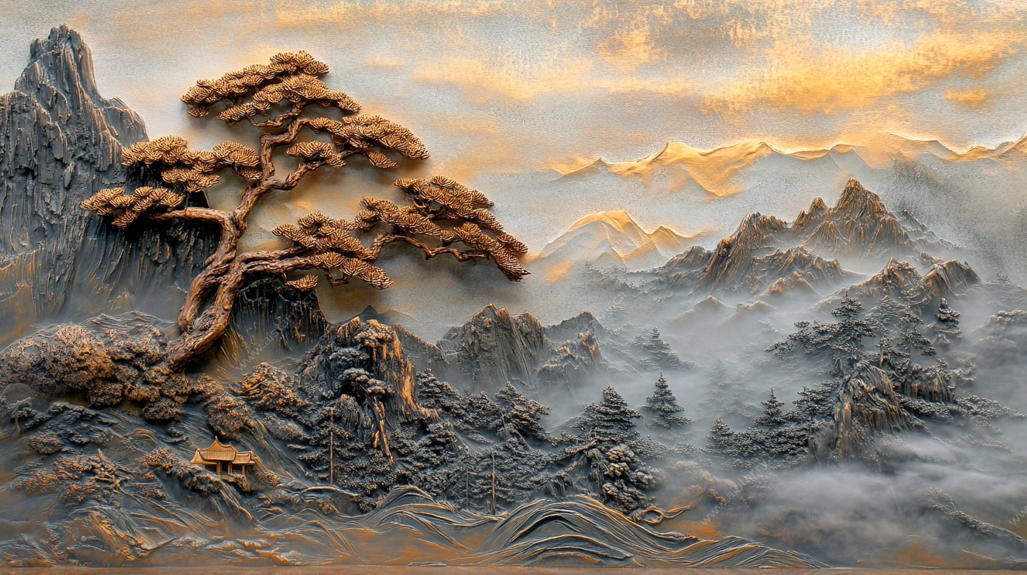 中式山水劲松壮丽景观图