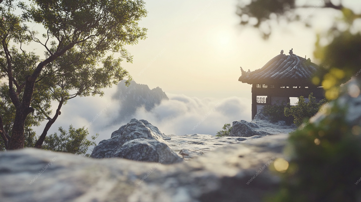 山间亭阁晨景