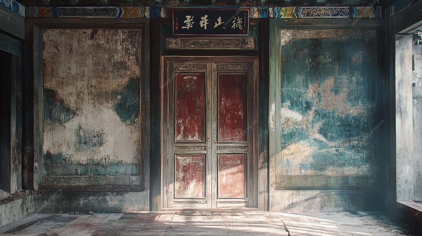 古旧中式建筑内斑驳门景