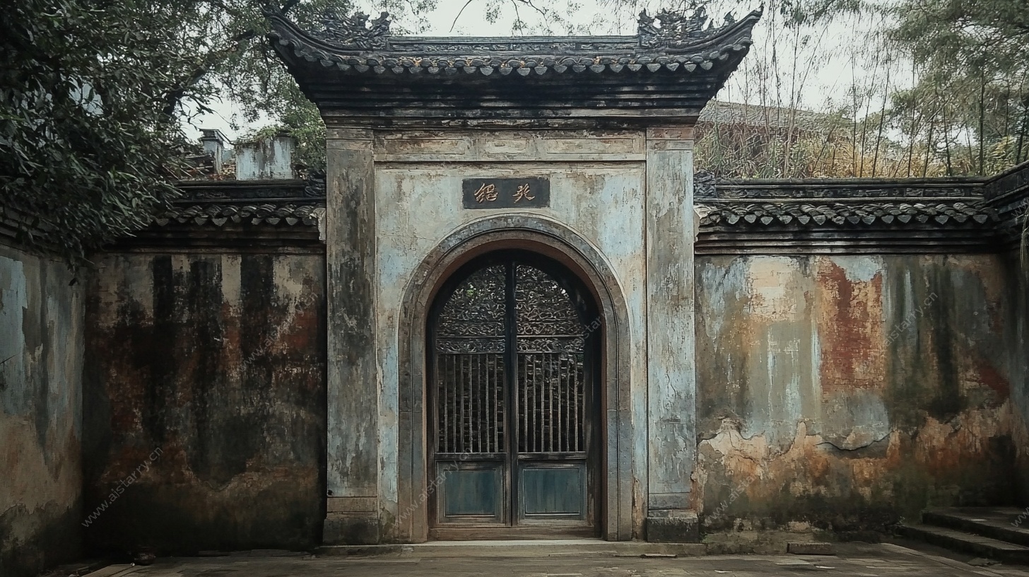 中式古旧庭院拱门景观