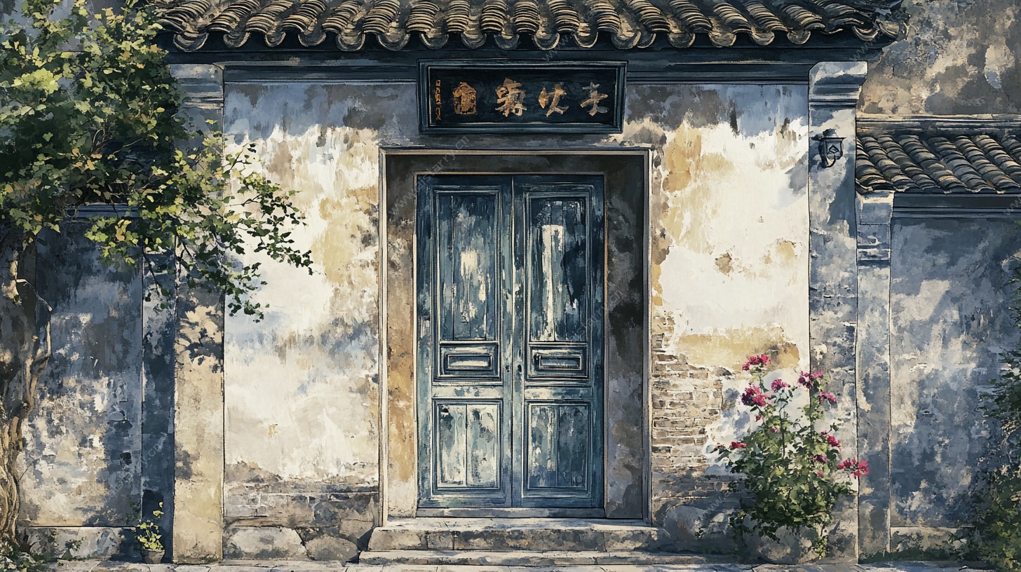 古旧中式民居斑驳大门