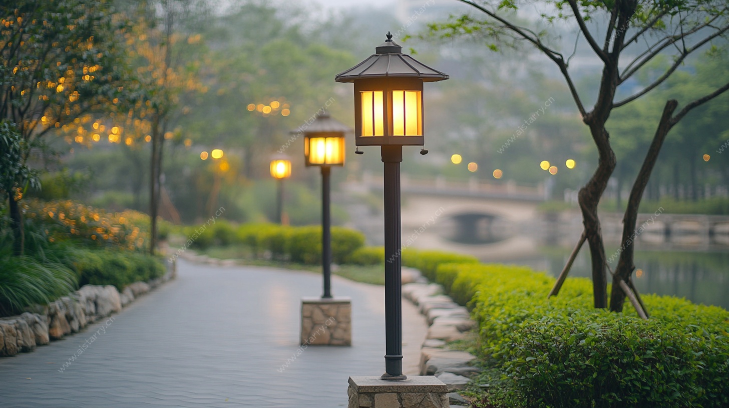 湖畔步道中式路灯美景