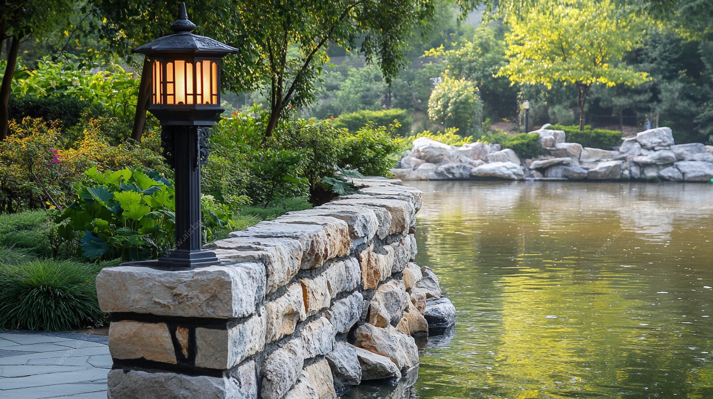 石墙边的湖畔中式景观灯