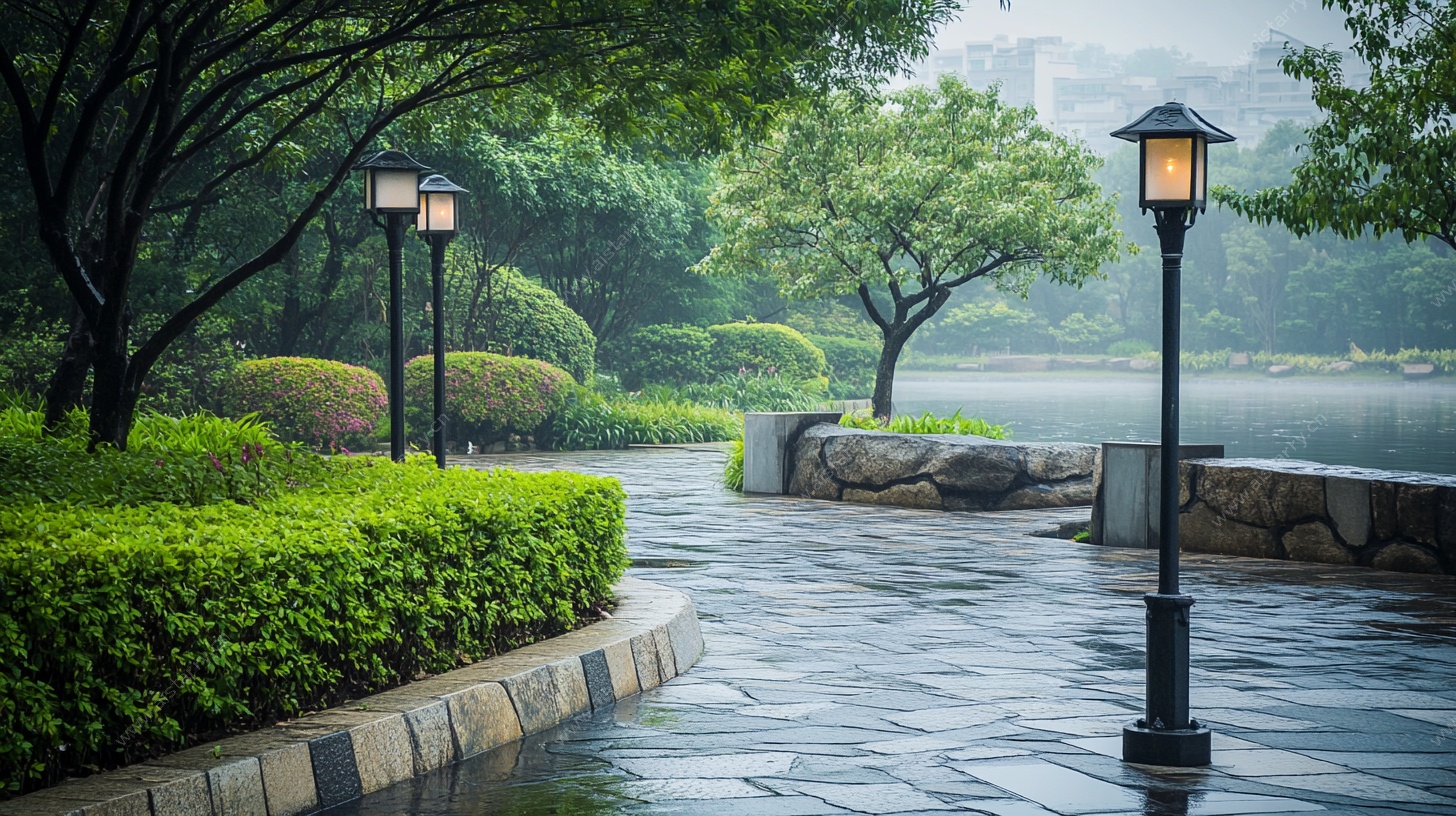 雨后公园小径静谧景致
