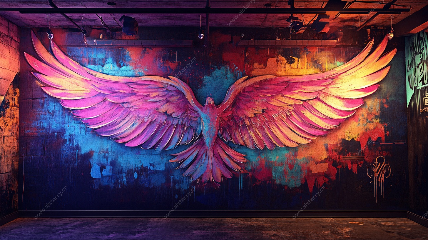 绚丽飞鸟墙绘艺术作品