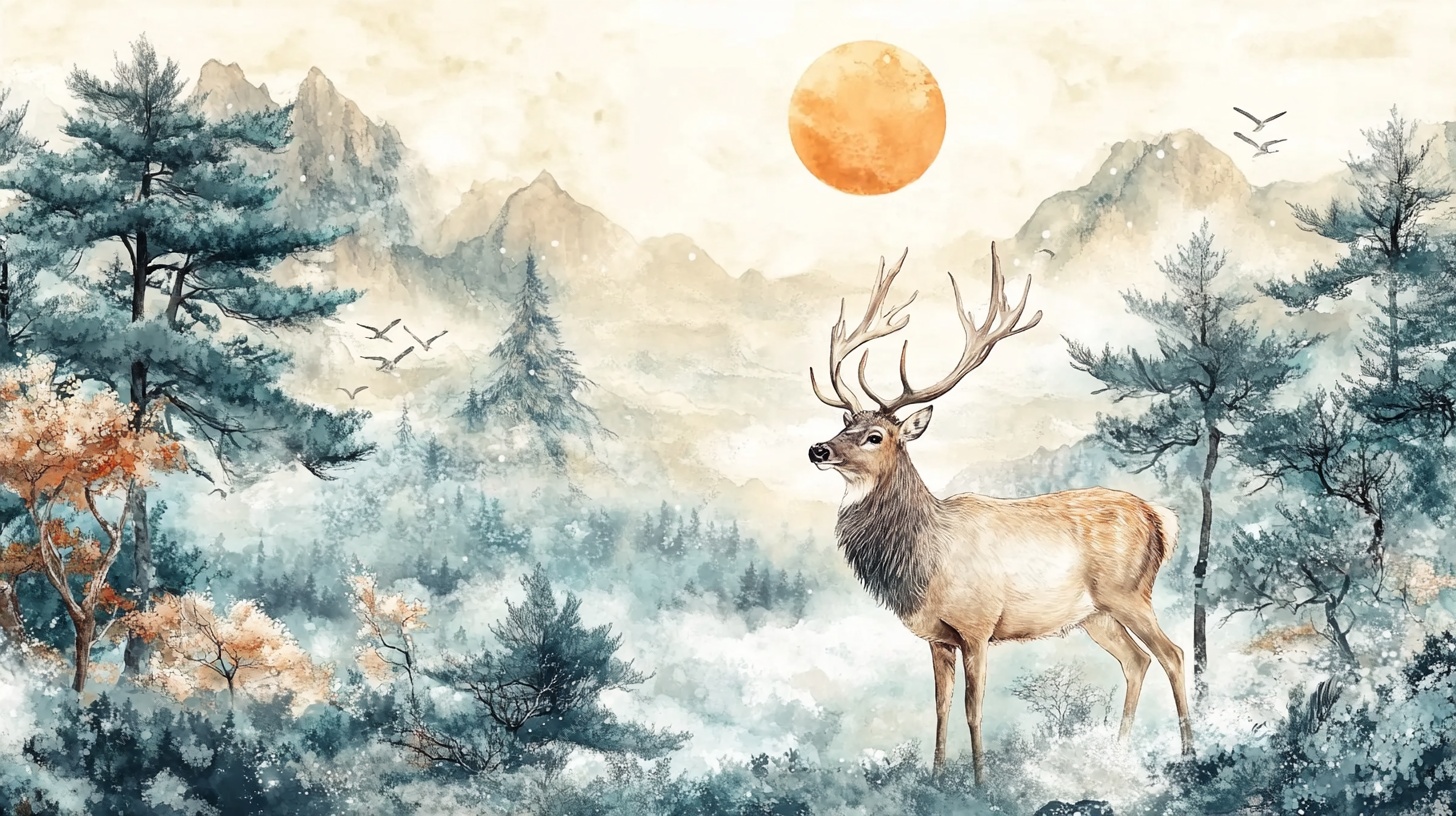 森林麋鹿与落日梦幻景象