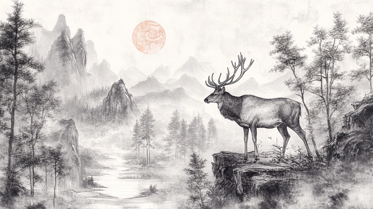 麋鹿立于山水间水墨画