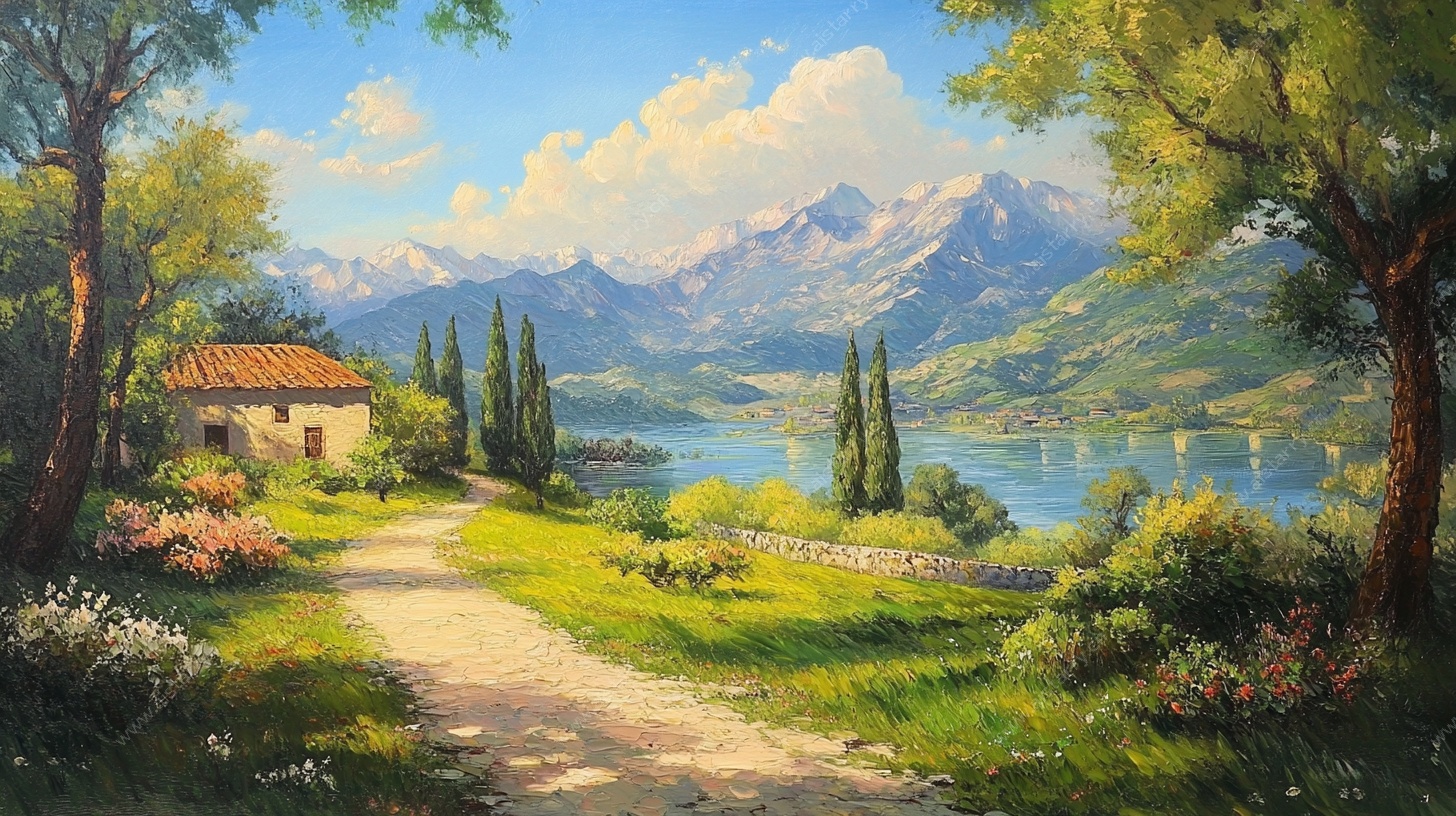 湖畔乡村美景油画