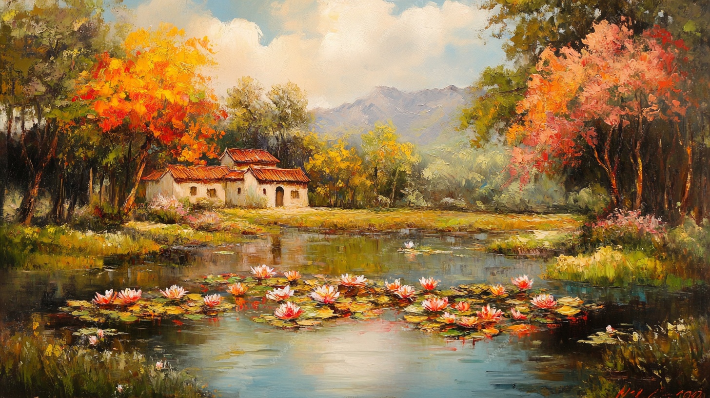 秋日湖畔小屋风景油画