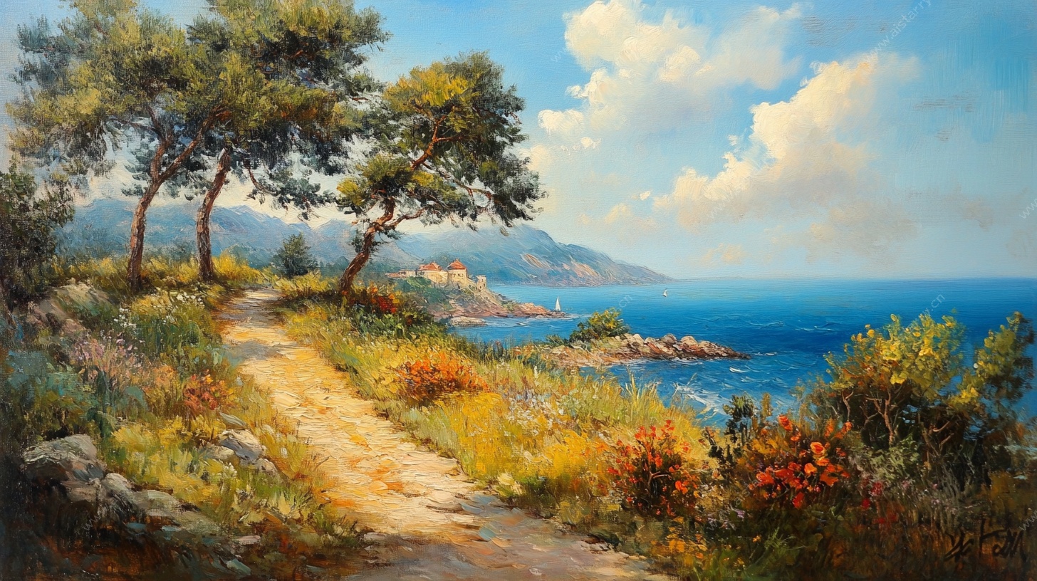 海边小径风景油画