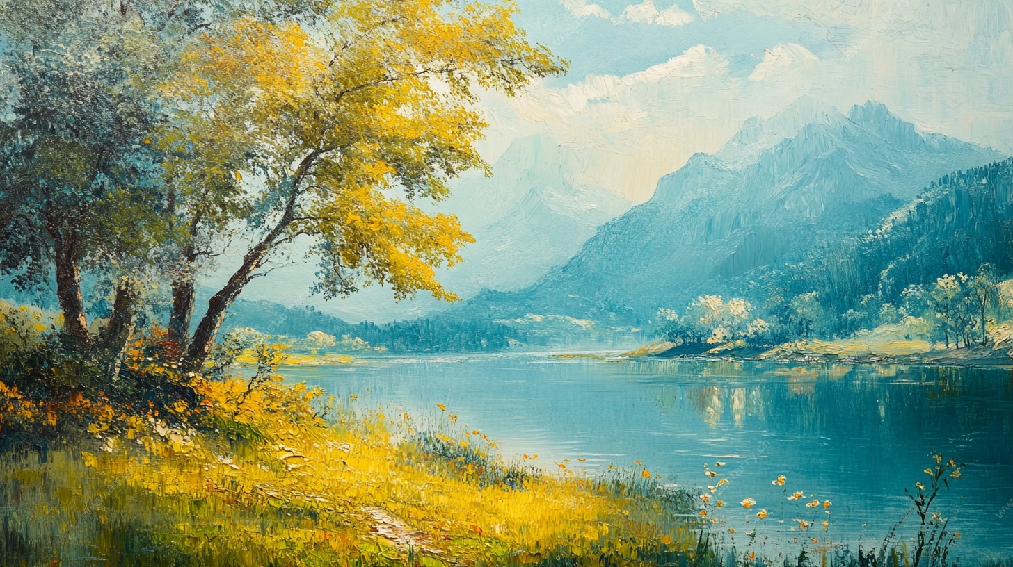 湖畔山林油画风景图