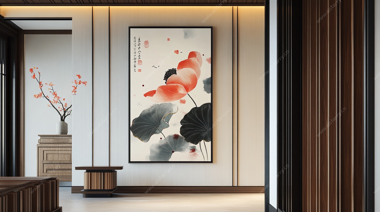 中式玄关水墨荷花装饰画