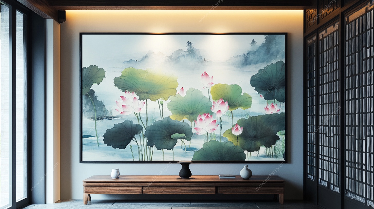 中式客厅水墨荷花装饰画