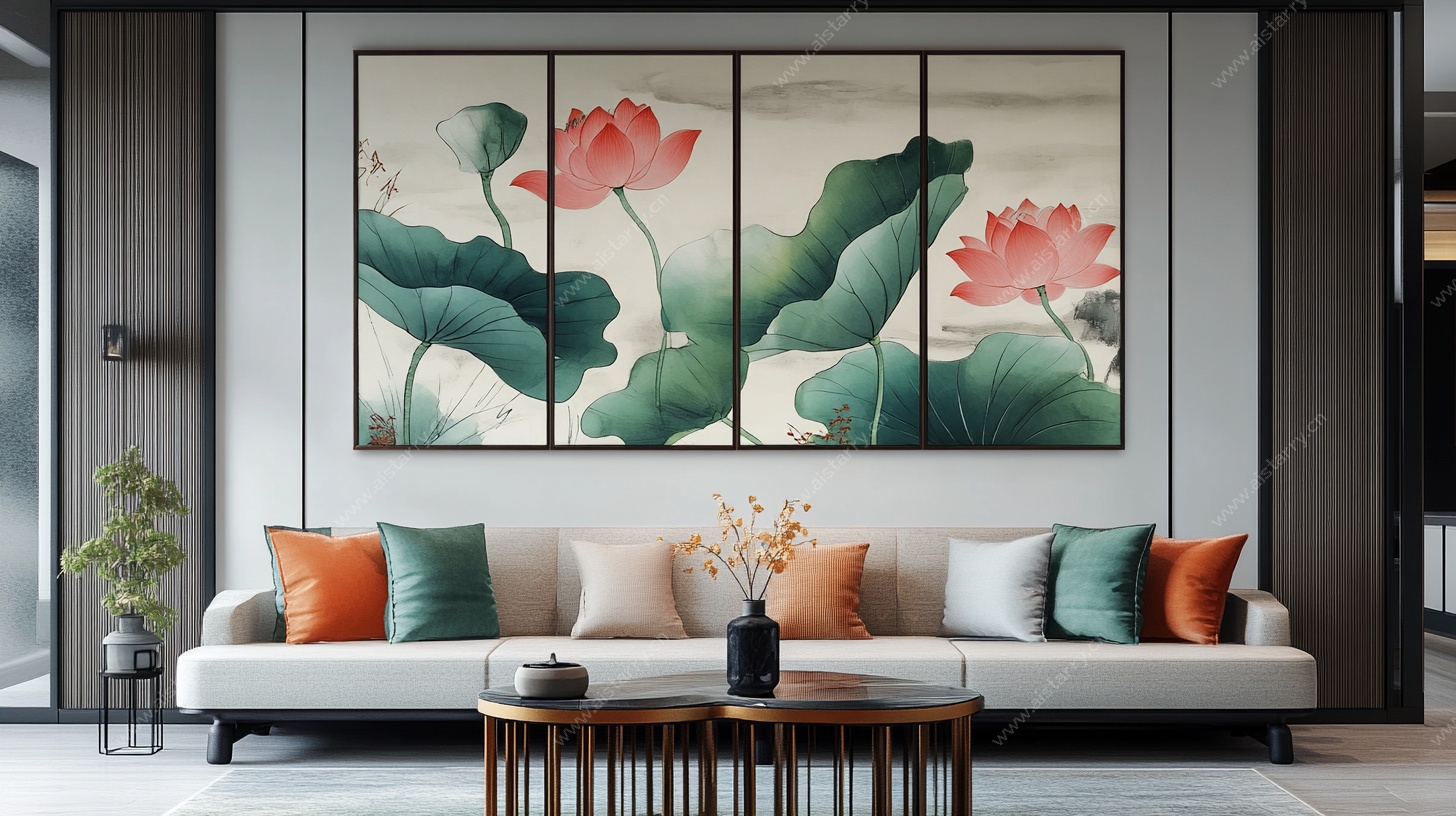 中式客厅荷花挂画装饰