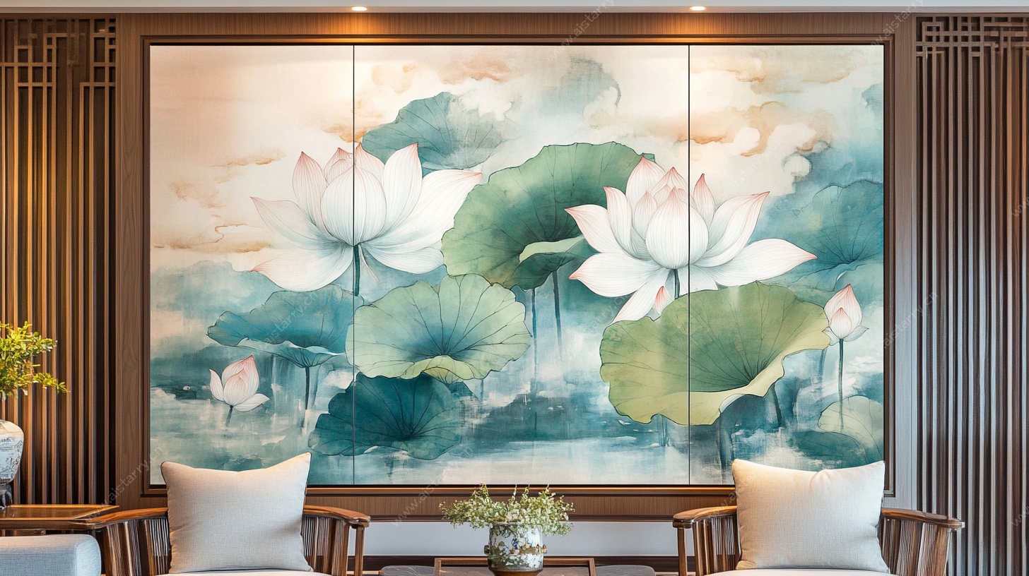 中式荷花壁画客厅装饰画