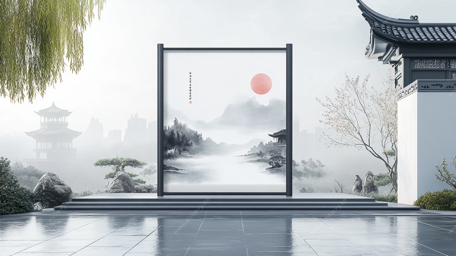 中式庭院山水框景图