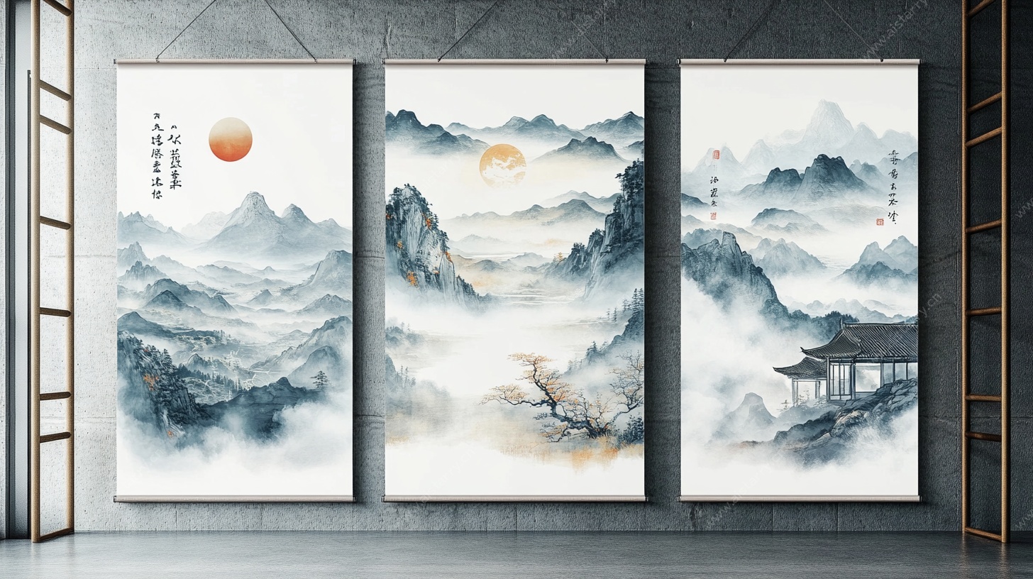 三联中式山水意境挂画