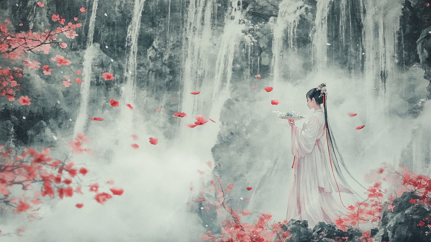 古风仙子于瀑布落花间