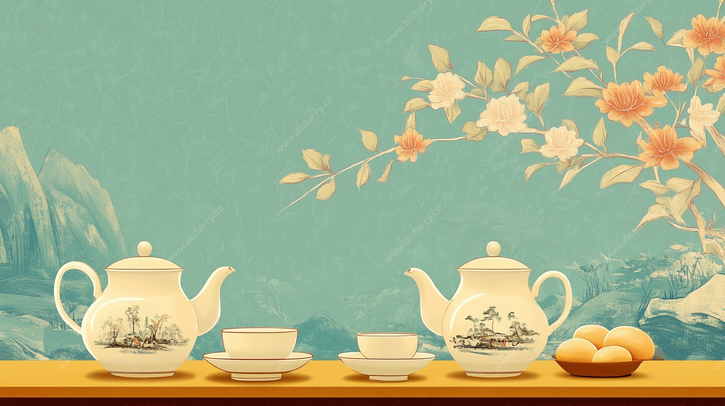 中式茶具花卉山水背景图