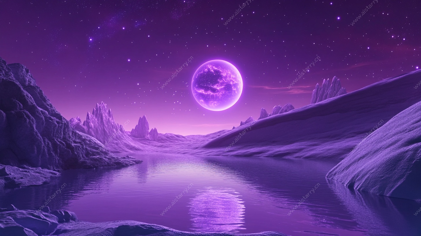 梦幻紫色星空月下山水景