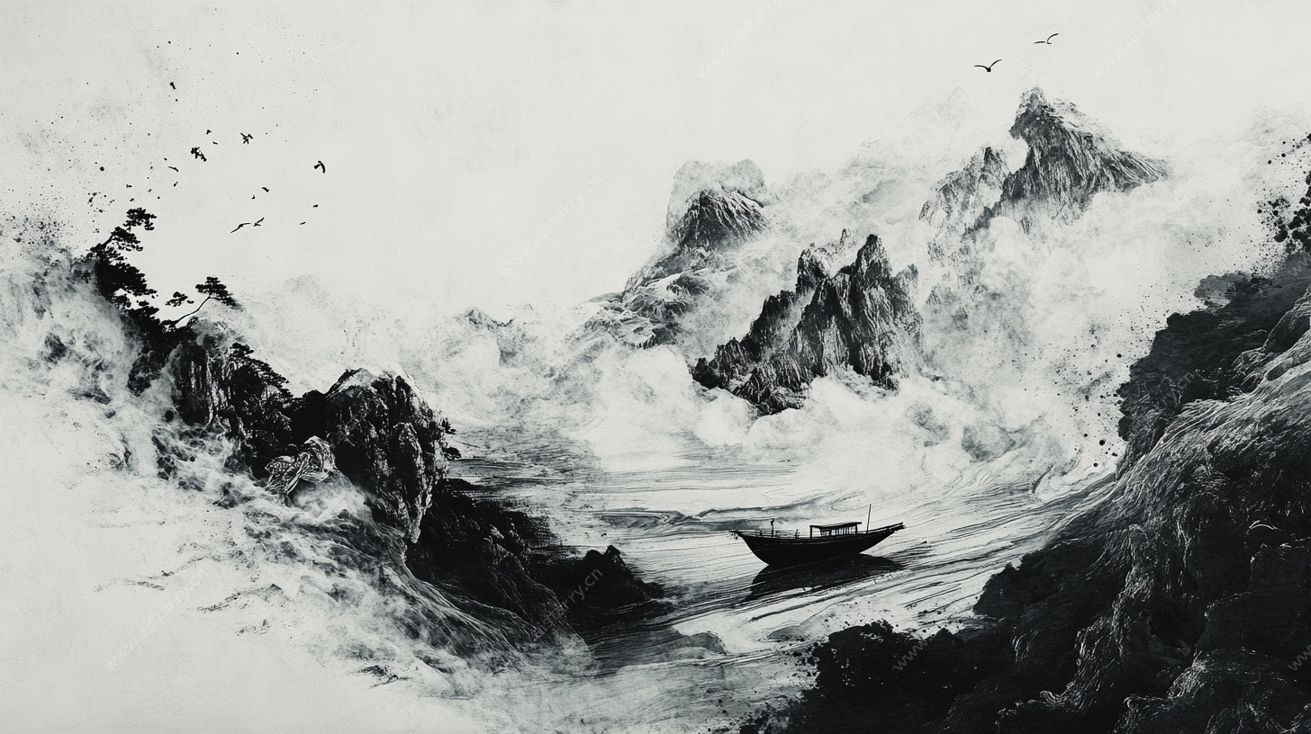 水墨山海孤舟图