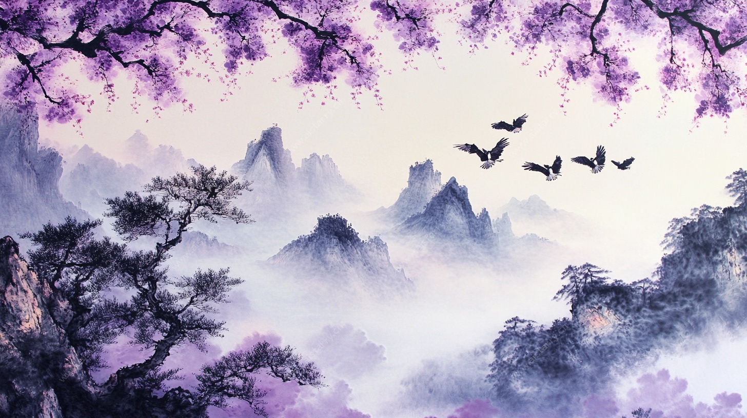 水墨山水飞鸟图