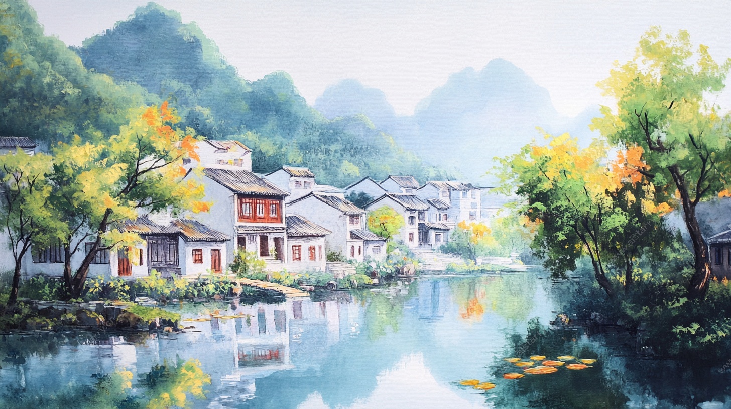 水墨江南乡村山水风光图