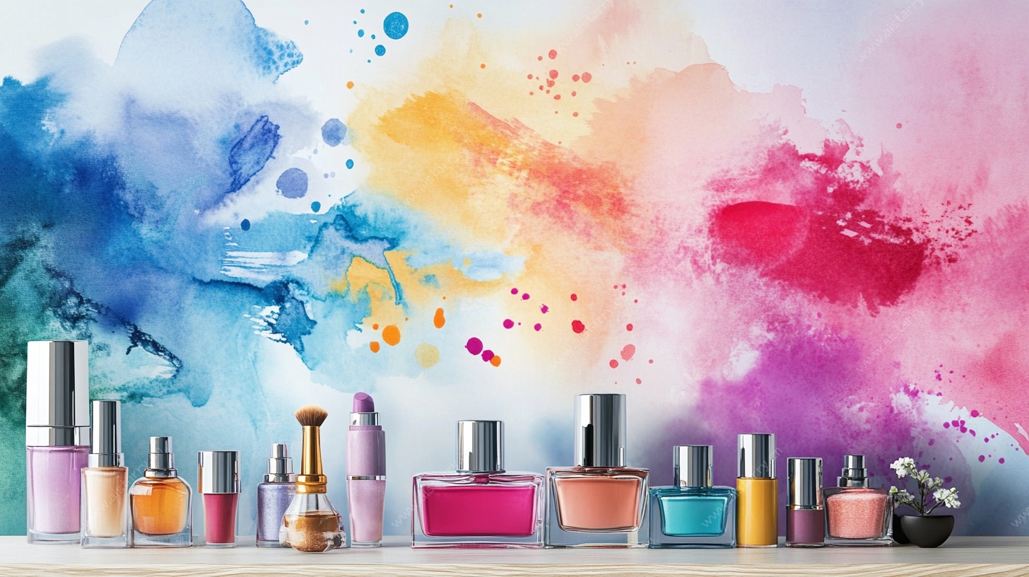 多彩美妆与梦幻水彩背景