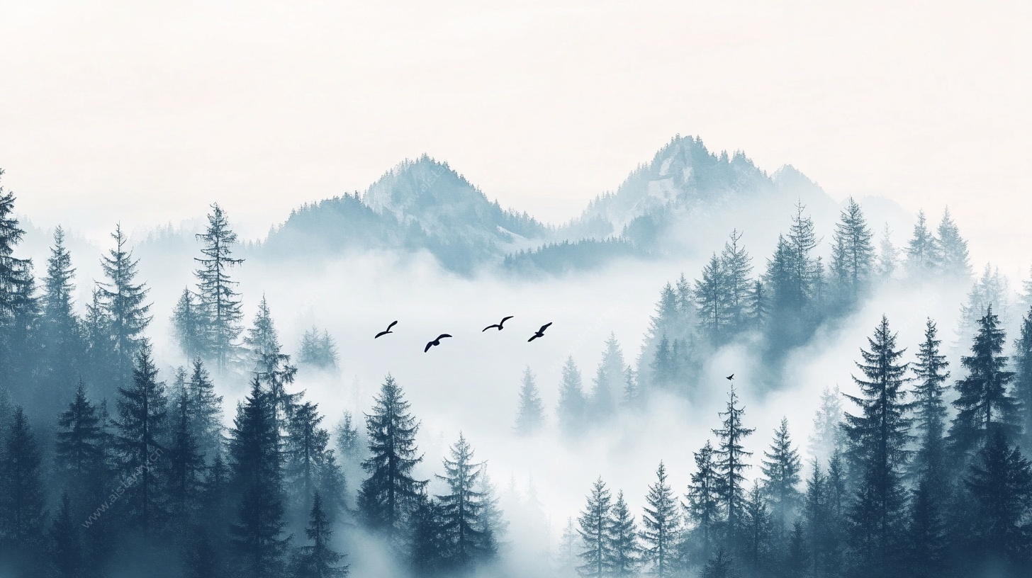 雾中松林飞鸟山水图景