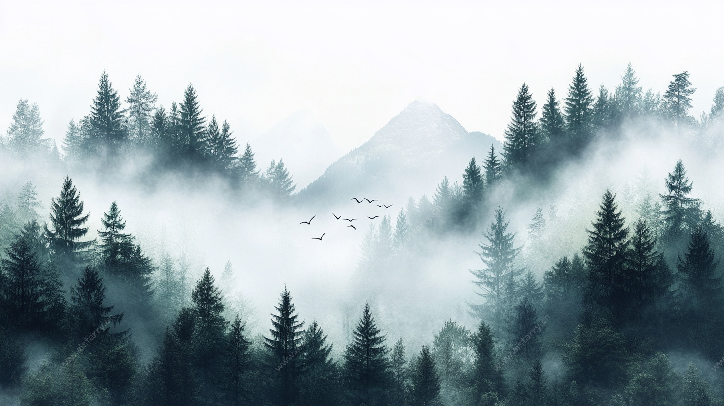 雾中松林飞鸟水墨风景图