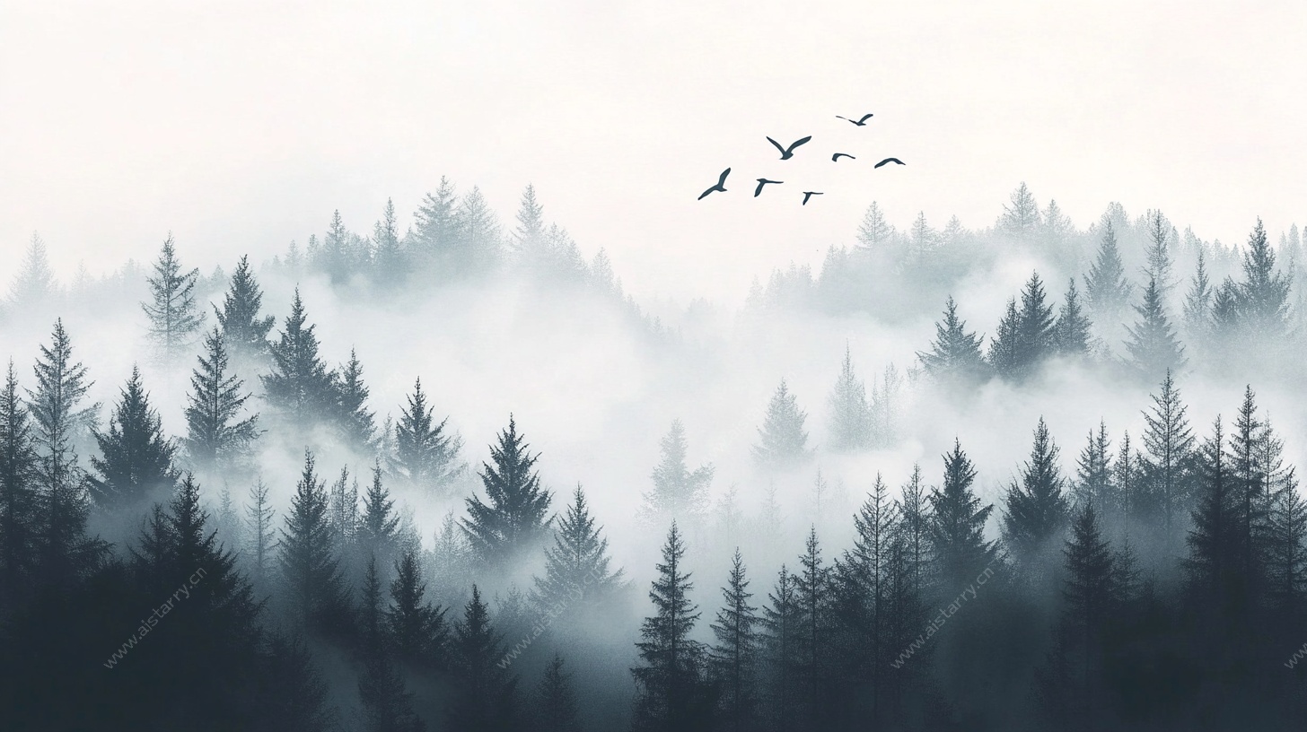 雾中森林飞鸟景观图