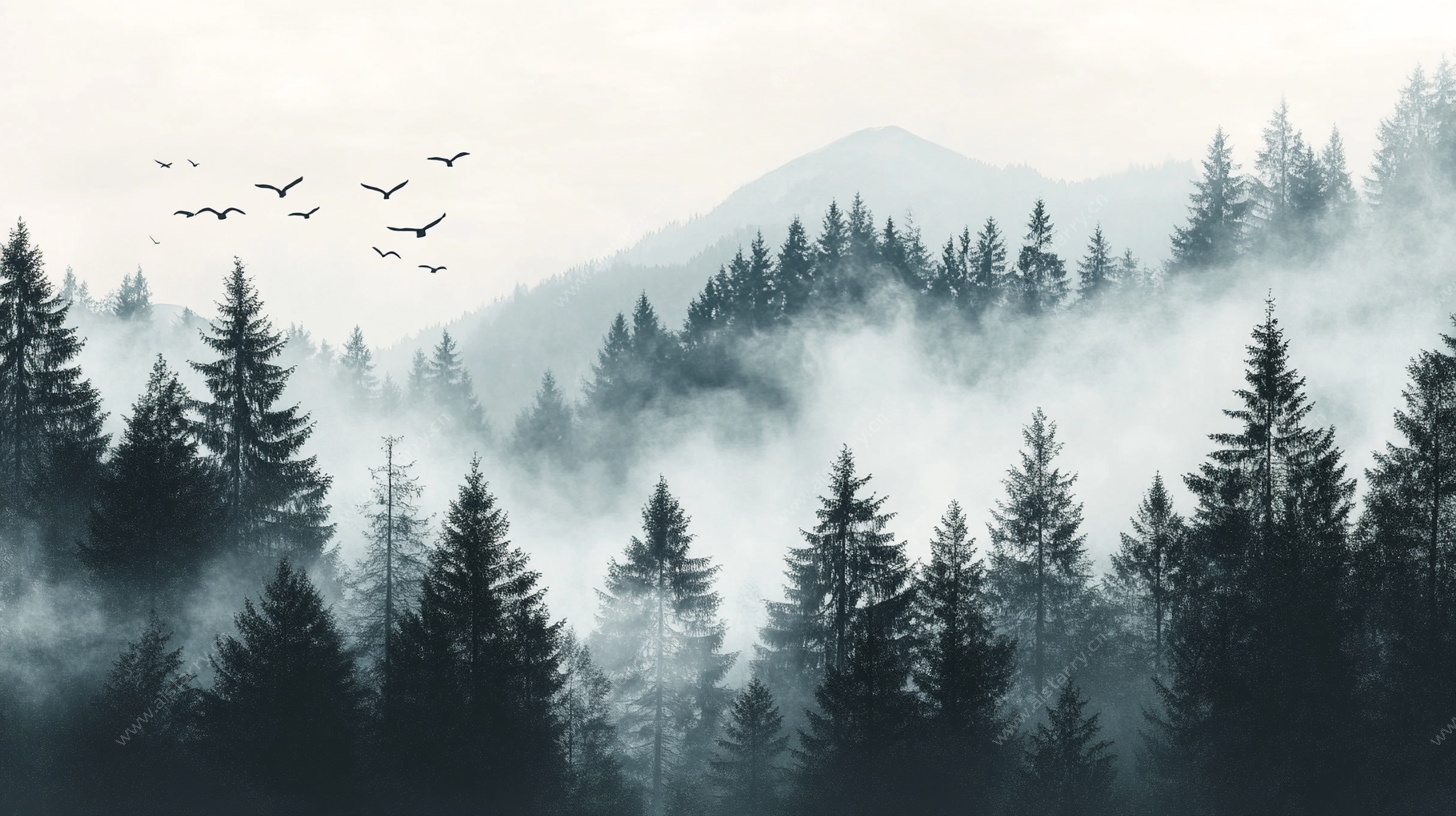 雾中松林飞鸟美景