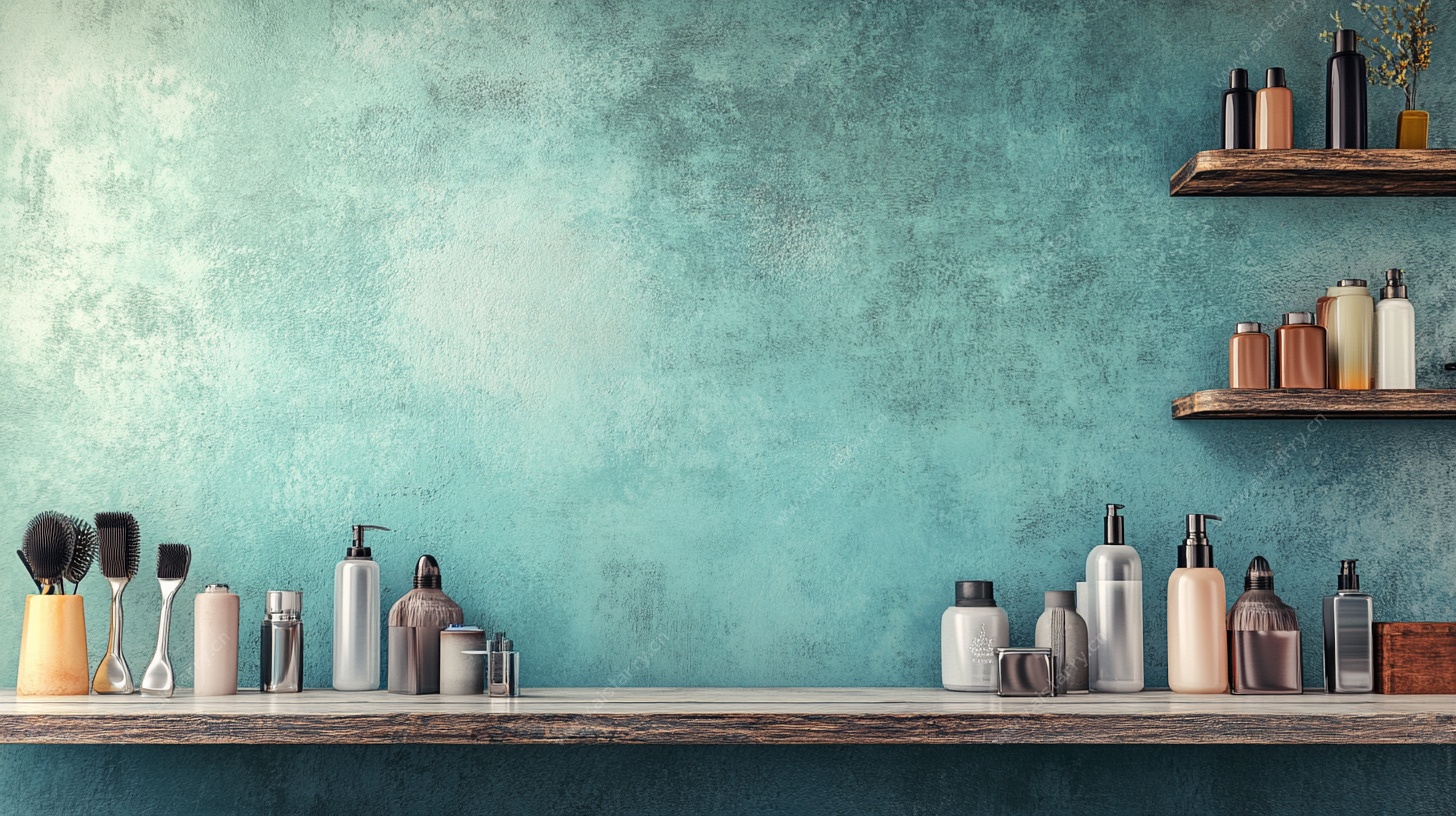 蓝绿色背景的美容用品陈列
