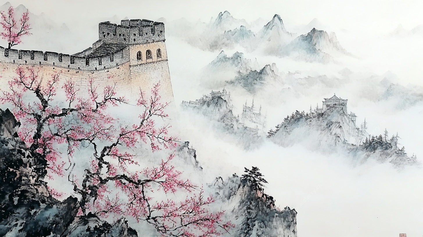 春日长城水墨山水图