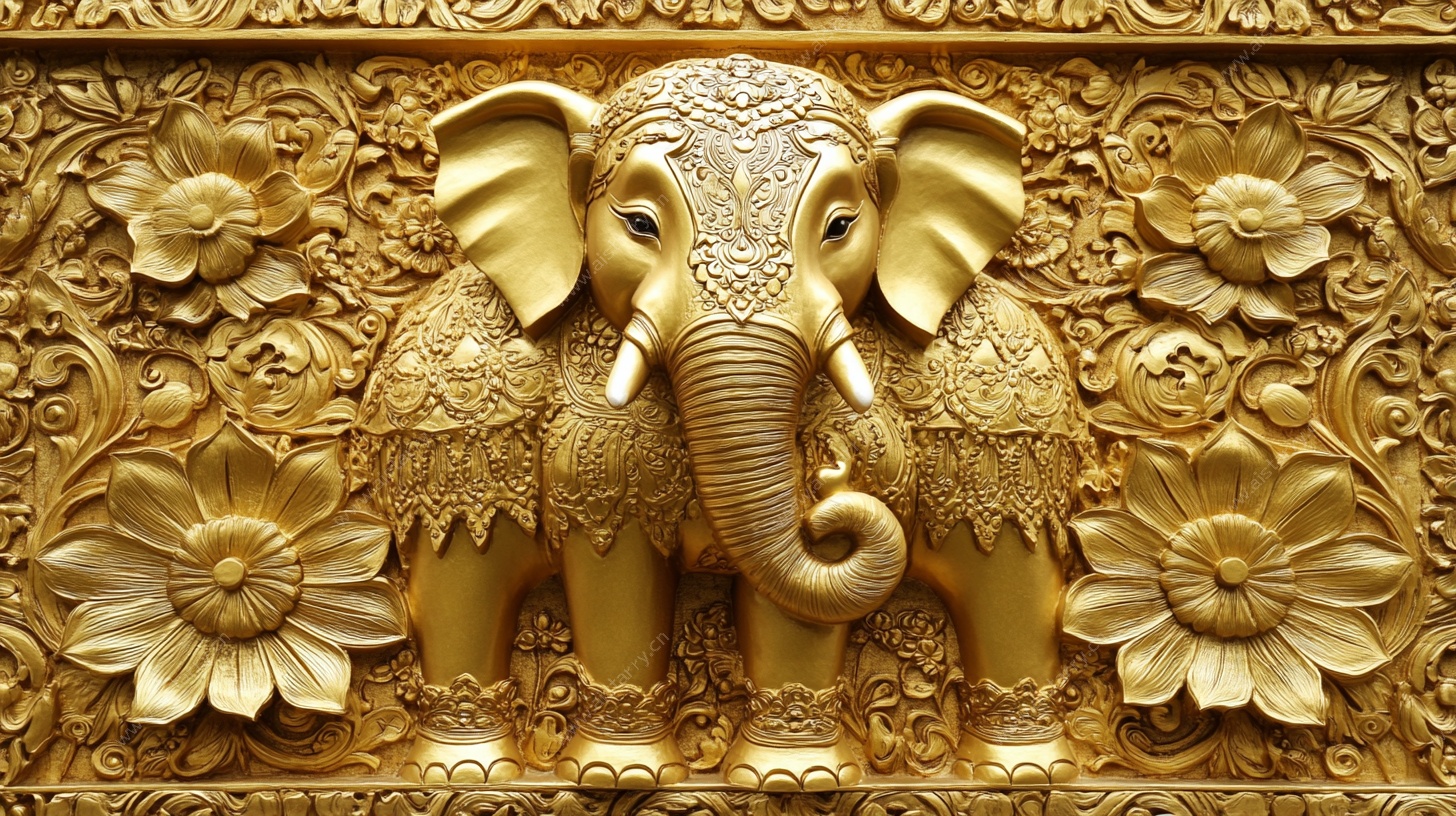 金色大象木雕装饰图案