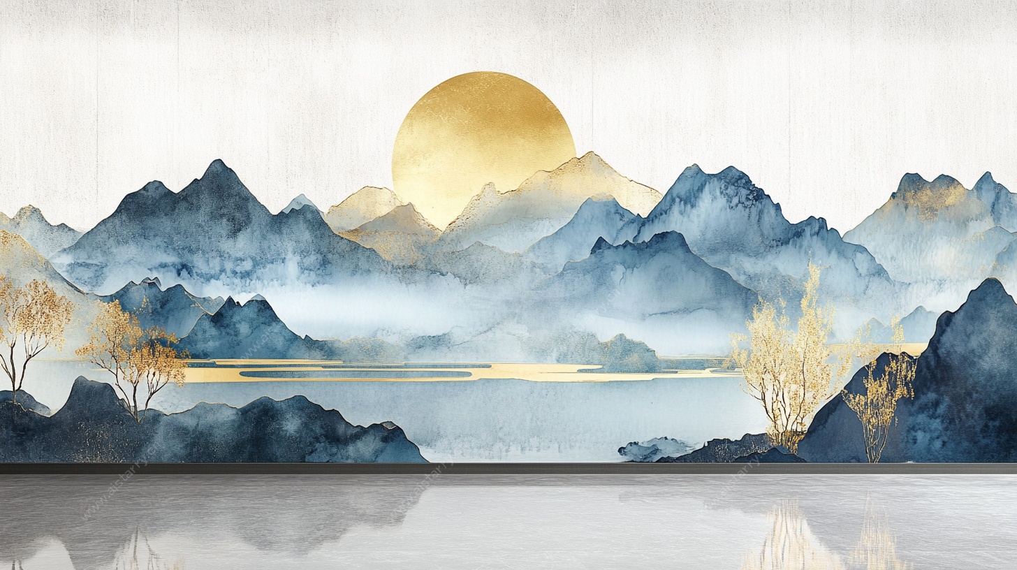 中式山水日出背景图