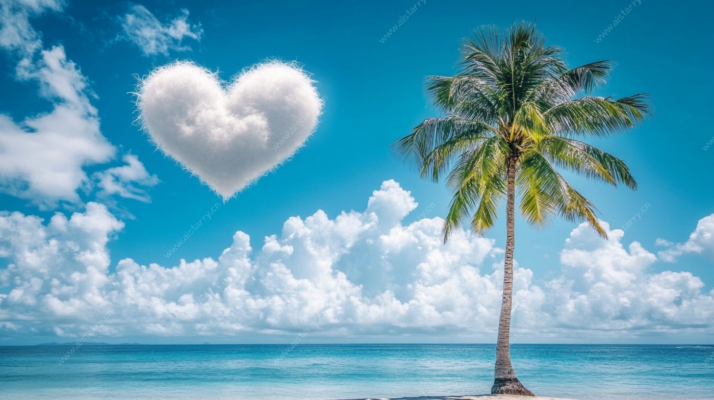 心形云朵下的海边椰树