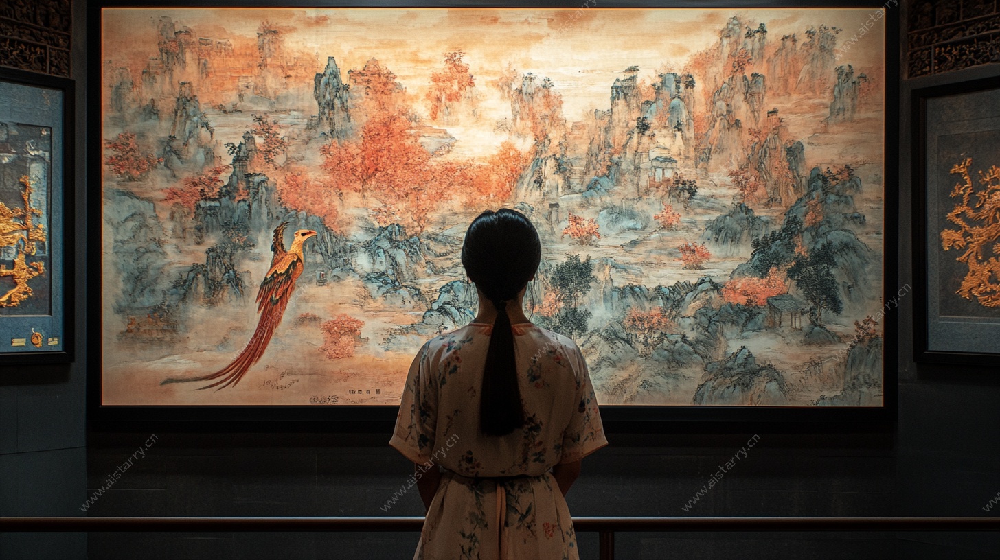 女子赏古风壁画场景