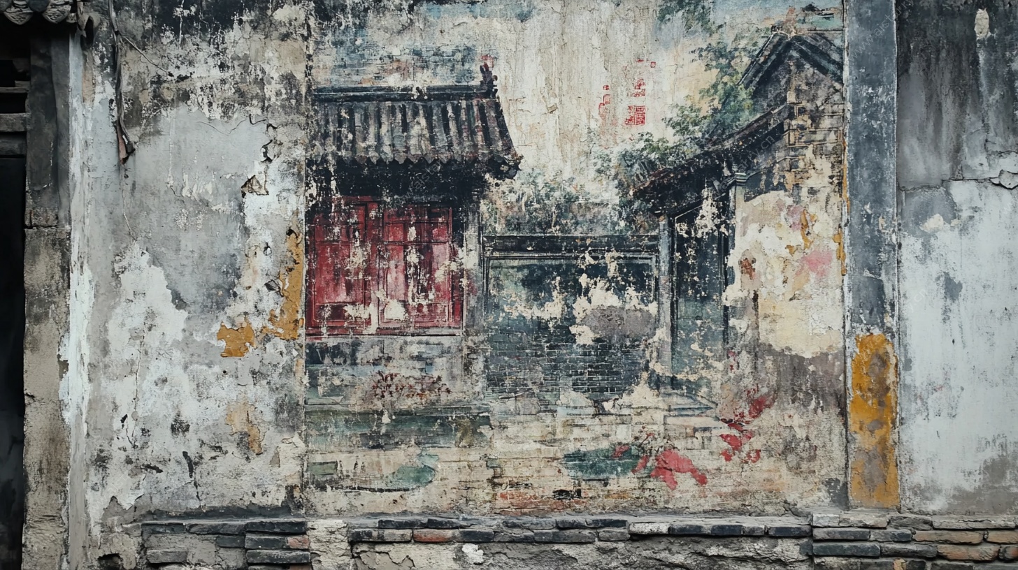斑驳古墙绘中式庭院景