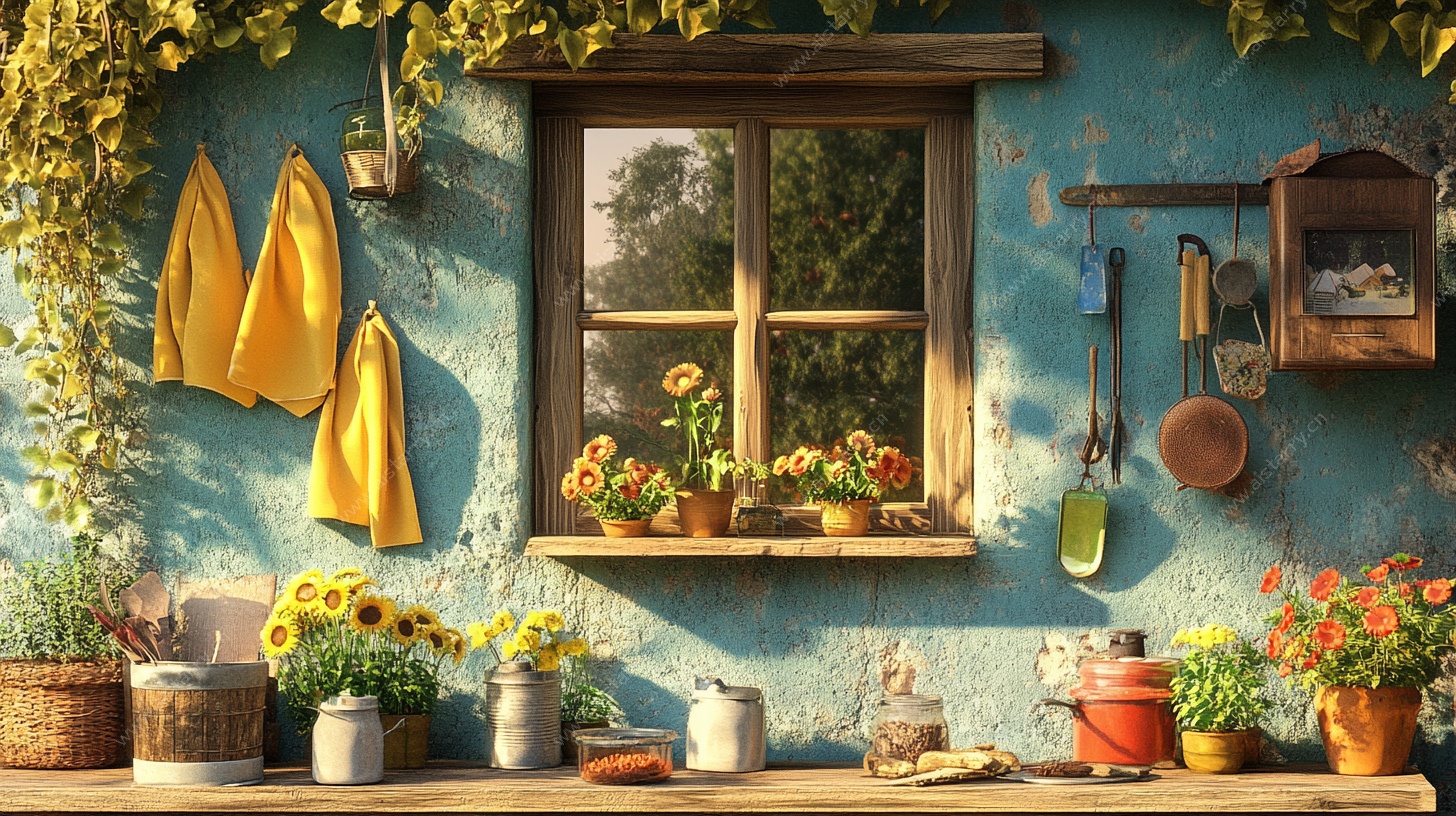 蓝色墙面的温馨园艺角落