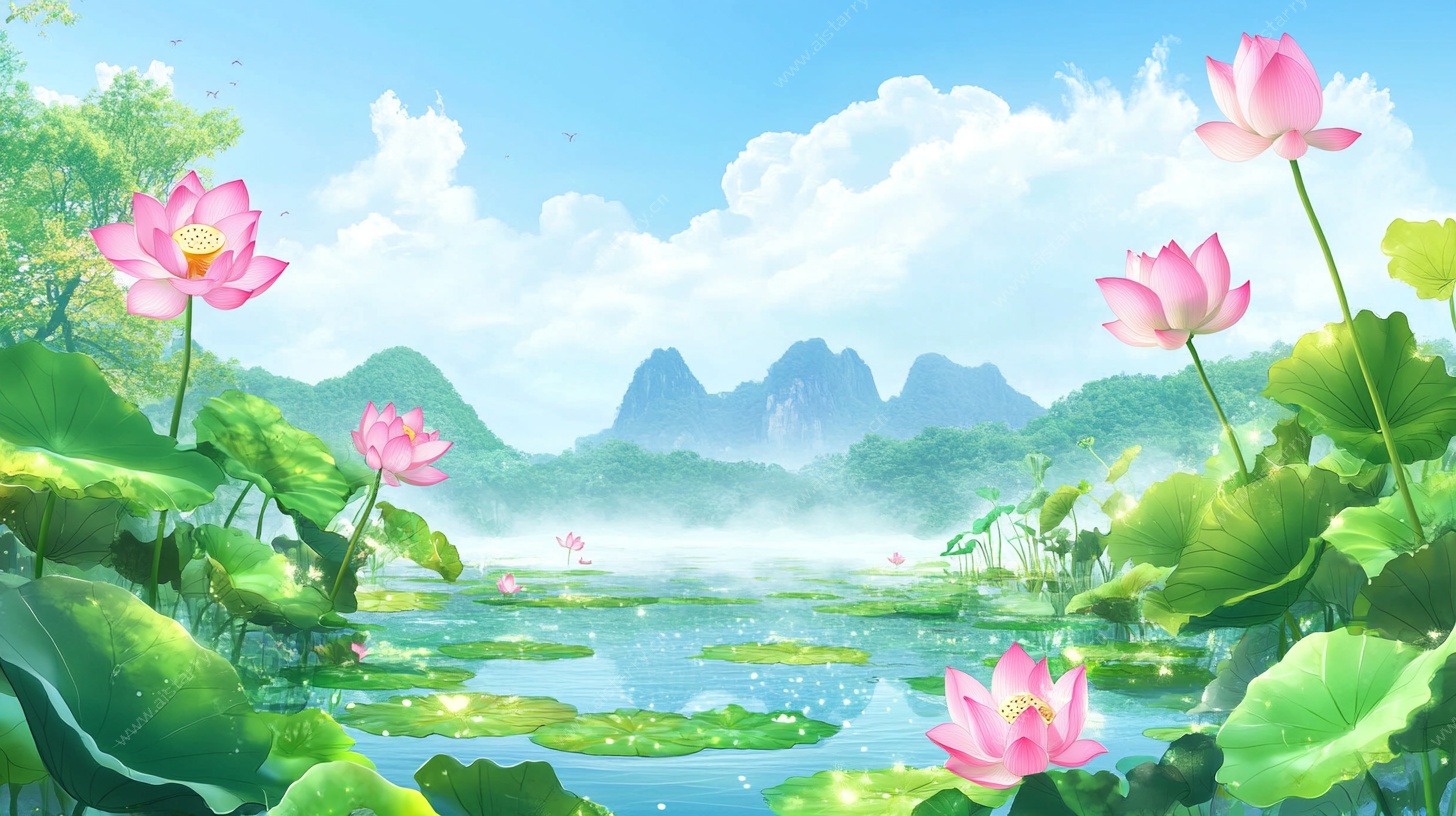 夏日荷塘山水梦幻美景