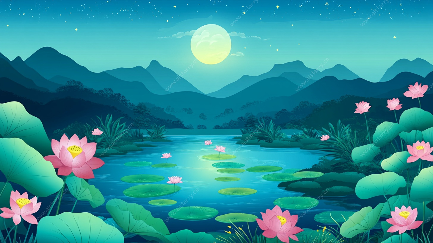 月夜荷塘山水梦幻图景