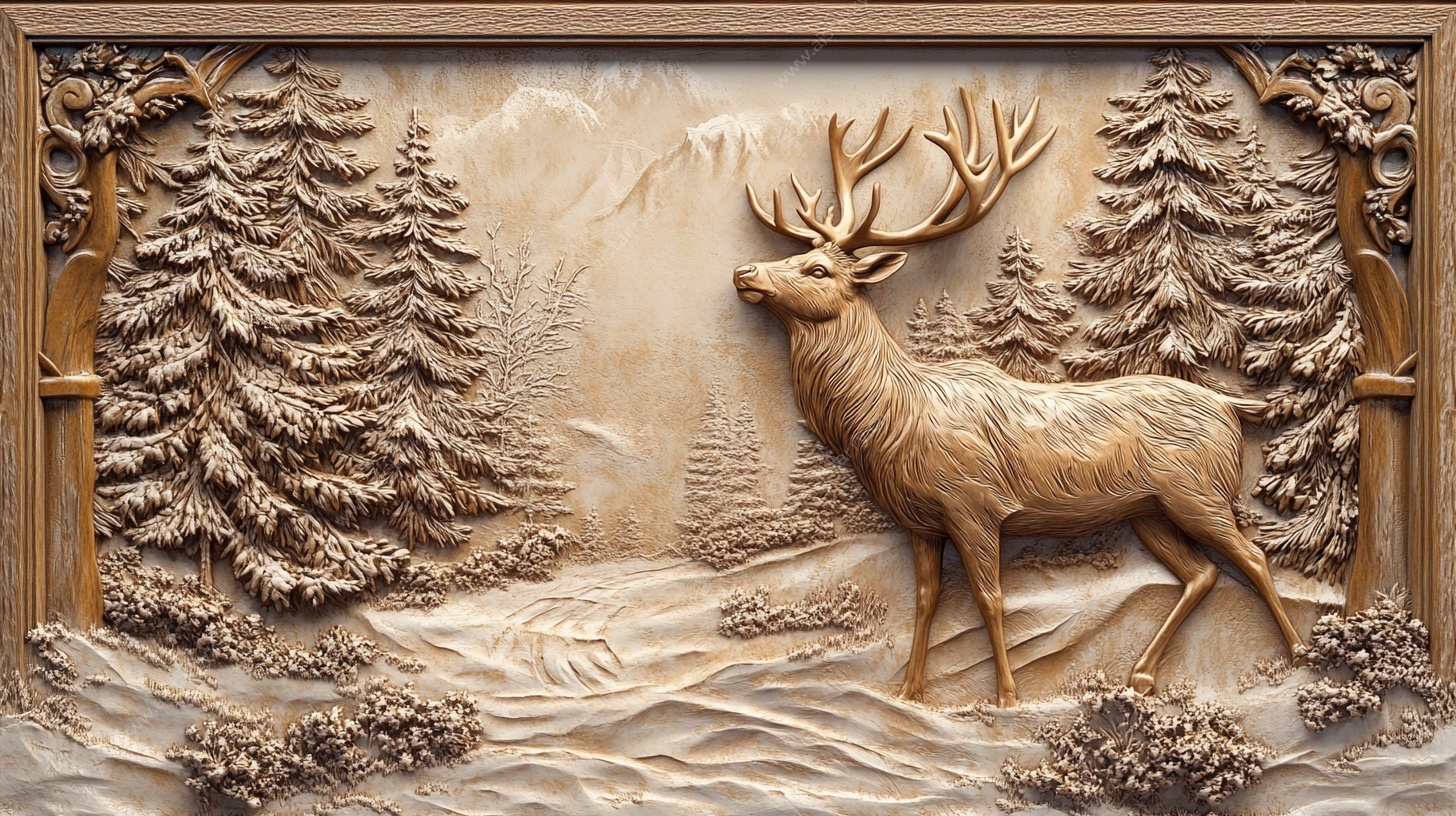 麋鹿山林木雕图案