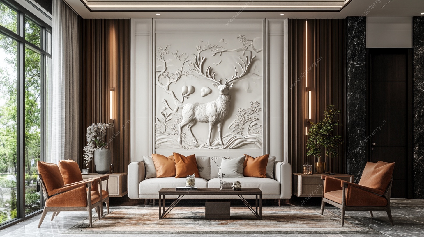 中式客厅浮雕鹿背景墙设计